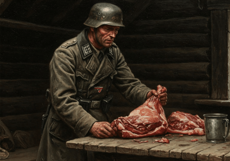 Die Soldaten der Wehrmacht bringen Fleisch