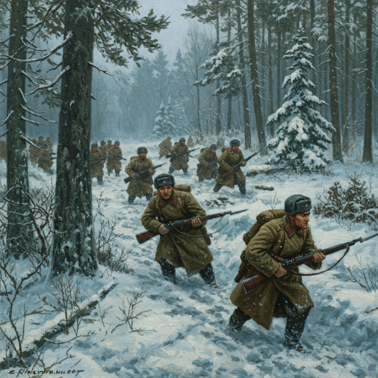 Russische Soldaten bewegen sich auf das Versteck der Familie Winkler zu