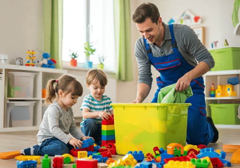 Vater räumt das Kinderzimmer auf