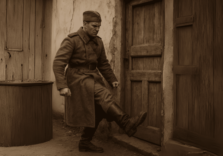 Ein russischer Soldat tritt die Türe ein