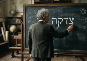 Einstein schreibt Zedakah an Tafel