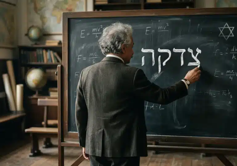 Einstein schreibt Zedakah an Tafel