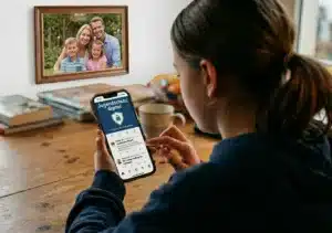 Fotorealistischer Schulterblick auf ein junges Mädchen, das am Schreibtisch ein Smartphone hält. Auf dem Display ist das Logo „Jugendschutz digital“ zu sehen, während an der weißen Wand im Hintergrund ein gerahmtes Familienfoto mit dem Titel „Profit auf Kosten der Kinder“ hängt.