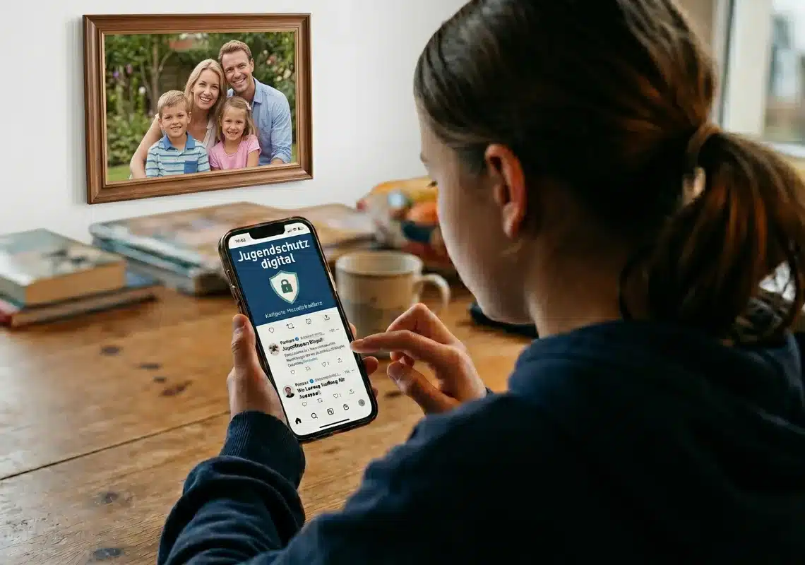 Fotorealistischer Schulterblick auf ein junges Mädchen, das am Schreibtisch ein Smartphone hält. Auf dem Display ist das Logo „Jugendschutz digital“ zu sehen, während an der weißen Wand im Hintergrund ein gerahmtes Familienfoto mit dem Titel „Profit auf Kosten der Kinder“ hängt.